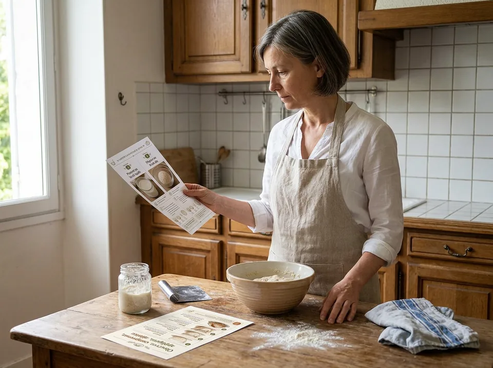 Une femme consulte une fiche imprimée pendant la préparation du pain dans une cuisine française