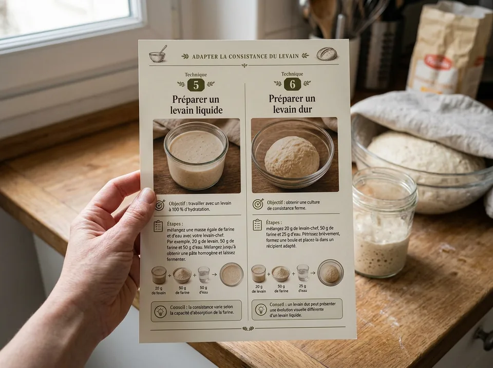 Une main tient la fiche A4 sur la consistance du levain dans une cuisine