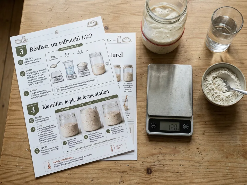 Fiches A4 sur le rafraîchi du levain à côté d’un bocal, d’une balance et de farine