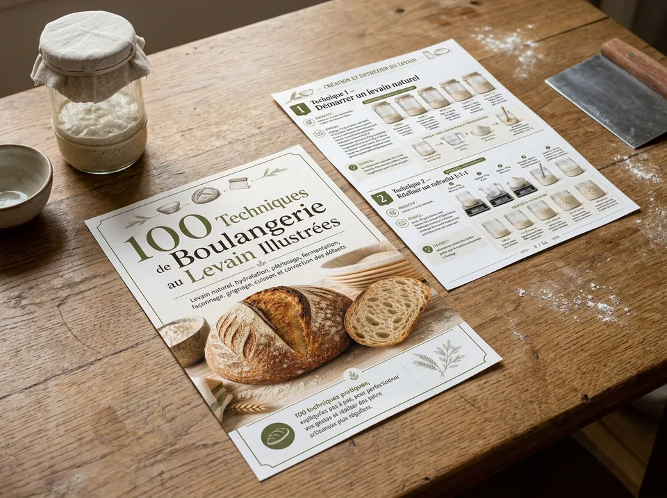 Pages du guide de boulangerie imprimées en A4 sur une table en bois
