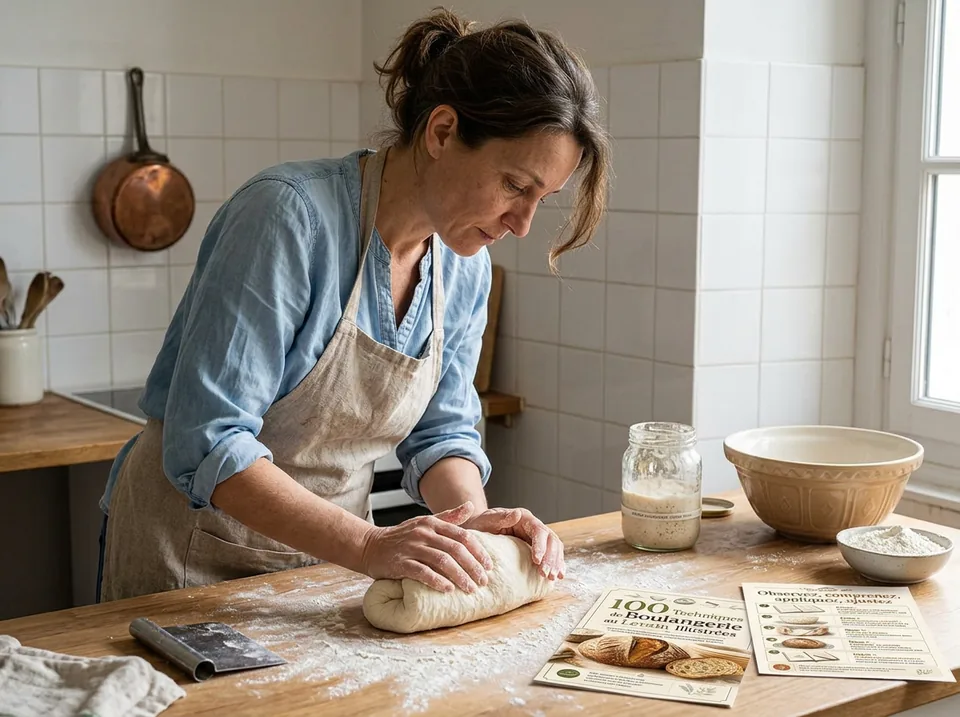 Une femme prépare une pâte à pain avec les fiches imprimées dans une cuisine française